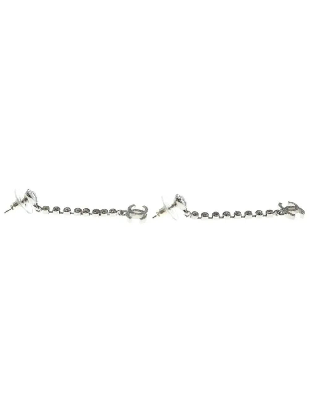 Chanel CC Logo Heart Rhinestone Drop Earrings Silver
